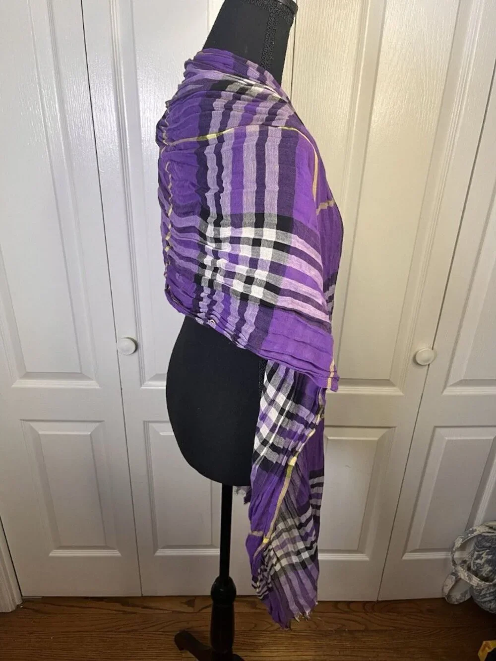 Purple White Rectangular Raw Hem Scarf Pashmina Lightweight Black Yellow